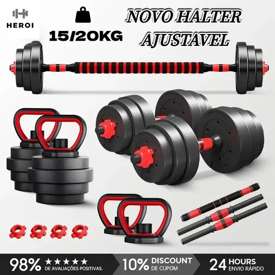 HEROI Kit Academia em Casa 15kg/20kg Halteres Ajustáveis,Inclui Barra Longa e Presilhas de Segurança
