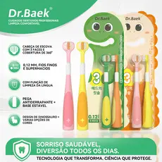 Dr.Baek Escova Infantil com Cabecote Triplo que Envolve os Dentes,Raspador Língua + Base Estável