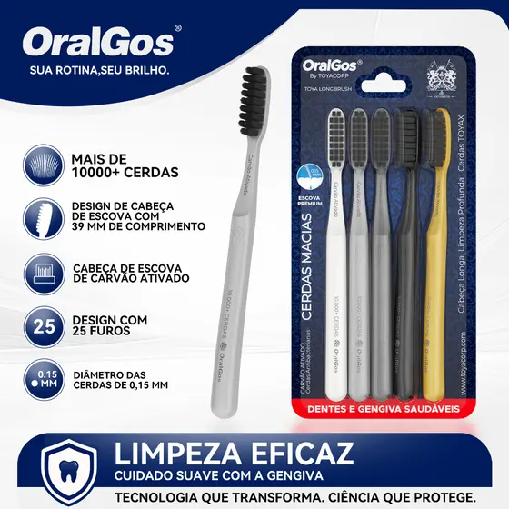 OralGos Escova Dental Carvão Ativado, 10000+ Cerdas, Cabeça Alongada 39mm, Limpeza Profunda, 5 Unid