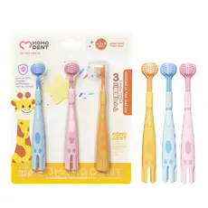 MOMODENT Escova Dental Infantil 3 Lados, Design Girafa, Cerdas Duplas, Ultra Macia, 3 Cores