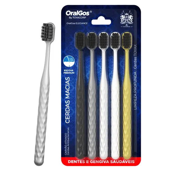 OralGoS Escova de dentes  Elegant Series, 5 unidades, cerdas de carvão ativado, 0.15 mm-5 cores