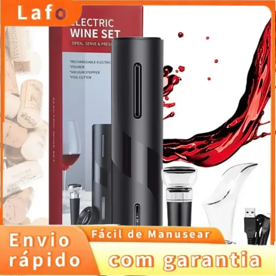 Conjunto de abridor de garrafas elétrico recarregável preto de 4 peças, alimentado por bateria