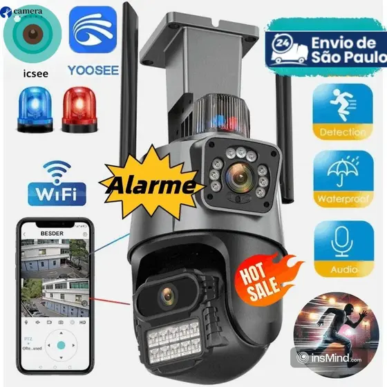 YOOSEE WiFi outdoor security camera with dual lenses, alarm, full HD, WiFi, night vision, and YOOSEE app.