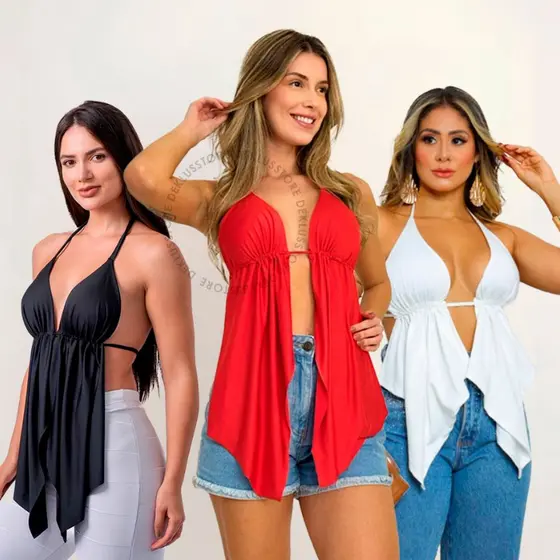 Cropped Malibu Top Feminino Blusinha Babado Costas Nua Decote