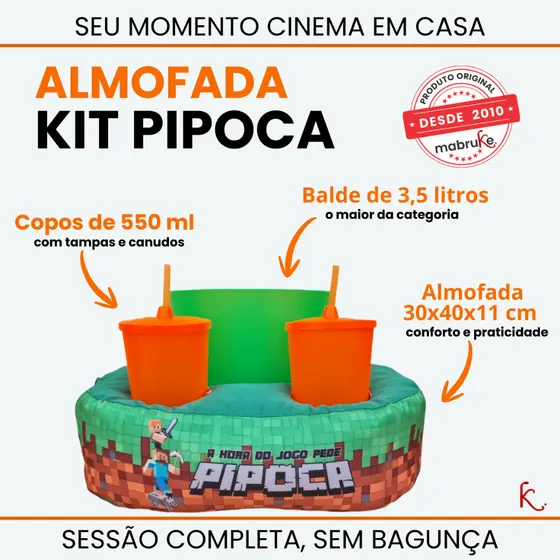 😁 Almofada Porta Pipoca + Balde 3,5 l + 2 copos 550 ml MINECRAFT - Cinema Filme em Casa Decoração Conforto