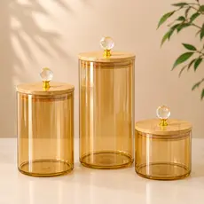Conjunto de potes de vidro herméticos ambar liso porta temperos e mantimentos com tampa de bambu e cristal luxo