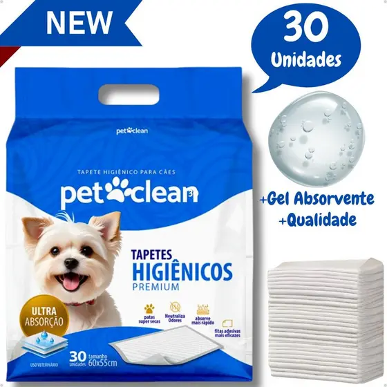 Tapete Higiênico Pet Clean Premium Gel 60x55cm – Pacote c/ 30 Unidades