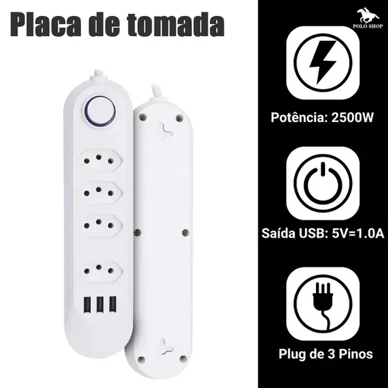 Régua de Tomadas 5+3 USB Bivolt – Cabo 2m, 110V/220V, Organização Total