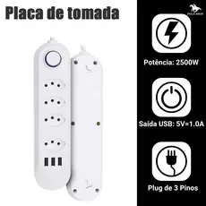 Régua de Tomadas 5+3 USB Bivolt – Cabo 2m, 110V/220V, Organização Total