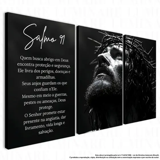 Quadro Kit 3 Peças Salmo 91 | Jesus com Coroa de Espinhos em Preto e Branco | Arte Cristã Decorativa