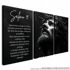 Quadro Kit 3 Peças Salmo 91 | Jesus com Coroa de Espinhos em Preto e Branco | Arte Cristã Decorativa