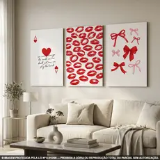 Quadros Decorativos Cartas e Beijos Vermelho Branco Romântico Kit 3 Peças Quarto Feminino