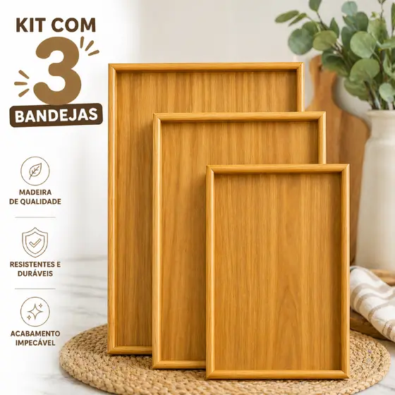 Kit 3 Bandejas De Bambu MDF Retangular Para Cozinha Servir Café da Manhã Decorar Conjunto Moderna e Elegante