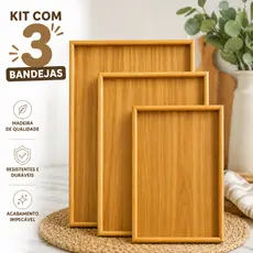 Kit 3 Bandejas De Bambu MDF Retangular Para Cozinha Servir Café da Manhã Decorar Conjunto Moderna e Elegante