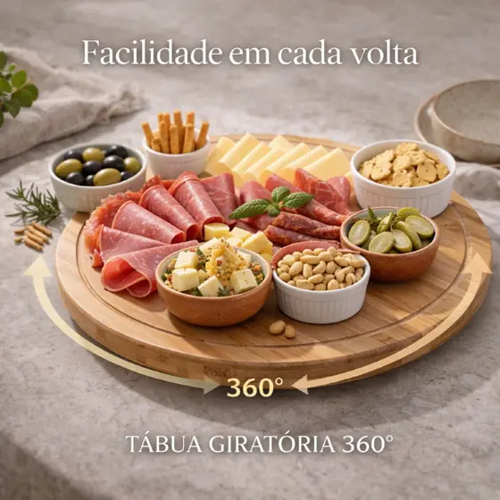 Petisqueira Giratória Bambu 28cm Tábua Frios Bandeja Petiscos Mesa Posta Café da Manhã 360 Decoração
