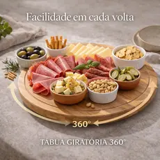 Petisqueira Giratória Bambu 28cm Tábua Frios Bandeja Petiscos Mesa Posta Café da Manhã 360 Decoração