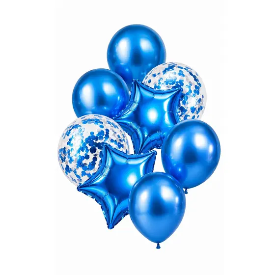 kit Balões Metalizados + confetes azul /7 peças