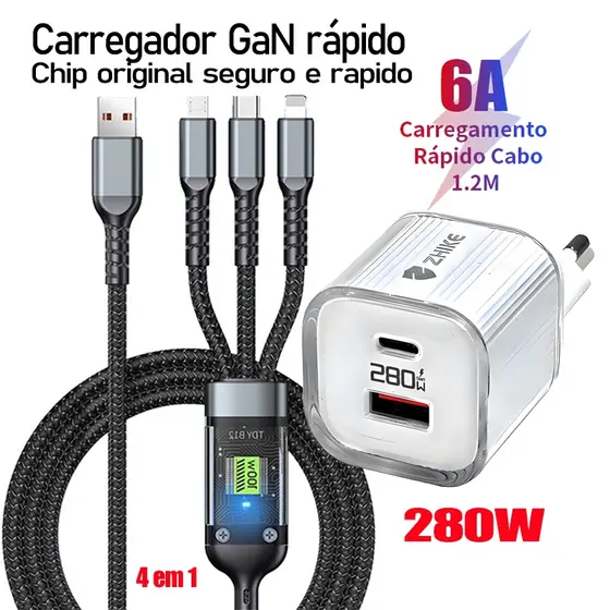 Carregador GaN 280W Duas Saídas PD Tipo-C + USB-A | Cabo 3-em-1 1,2m Tipo C/Lightning/Micro USB, Carregamento Rápido