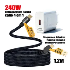 Fonte GaN 240W PD Tipo-C e USB-A + Cabo 4-em-1 Silicone 1.2m | Rápido, 3 Opções, Compatível com Todos Aparelhos