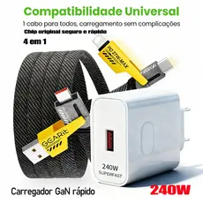 Carregador 280W Carregamento Ultrarrápido + Cabo 4 em 1 Silicone USB-C | Opções: Cabo / Fonte / Combo | 1m 2m