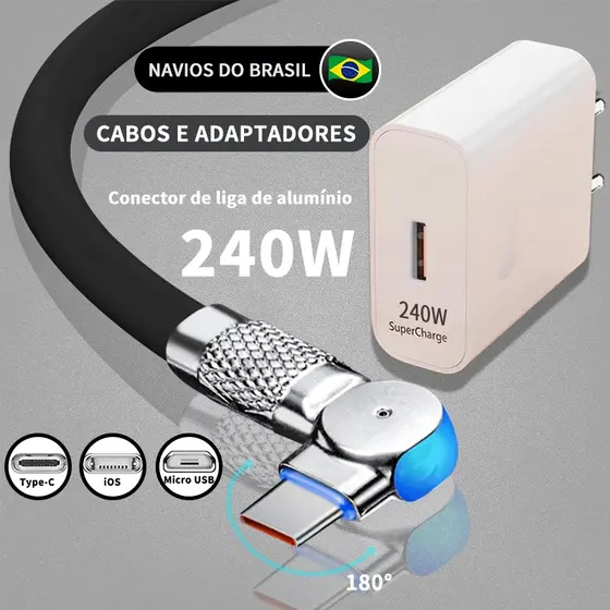 Cabo de dados giratório em 180° + carregador de duas portas de 280 W. Cabo de dados com interfaces Tipo C/Micro USB/iP.