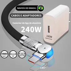 Cabo de dados giratório em 180° + carregador de duas portas de 280 W. Cabo de dados com interfaces Tipo C/Micro USB/iP.