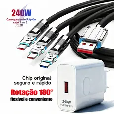 Kit Carregador GaN 240W + Cabo 3em1 USB-C/Lightning/USB, Carregamento Turbo, Compatível iPhone/Samsung/Xiaomi/Moto/Vivo