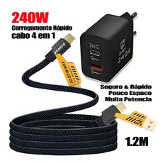 Kit GaN 240W Duas Portas USB‑A QC3.0+USB‑C PD3.0 com Cabo 4‑em‑1 Trançado 1.2m | Seguro Durável Compatível Celulares