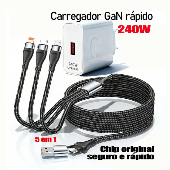 Kit GaN 240W Duas Saídas USB-A QC3.0+Tipo-C PD3.0 | Cabo 5 em 1 Trançado 1.2m Rápido,Carregamento Rápido Universal