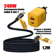 Carregador GaN 240W e Cabo 4 em 1 PD | Escolha: Cabo / Fonte / Combo | Compatível com iPhone/Samsung/Motorola