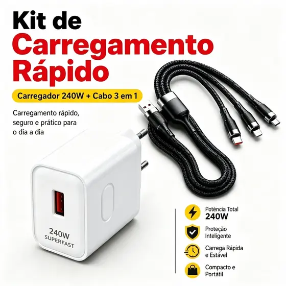 Kit Carregador Rápido GaN 240W PD + USB-A | Cabo 3-em-1 1,2m Compatível com iPhone Android e Outros Aparelhos