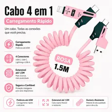 Kits 5x Cabos Carregador 4 em 1 Tipo C 1,5m carga rápida compatível iOS resistência celular powerbank atacado revenda
