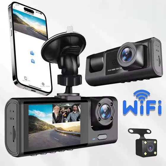 Câmera Automotiva 1080P 3 Lentes WiFi Sensor G Segurança Carro com Gravação em Loop