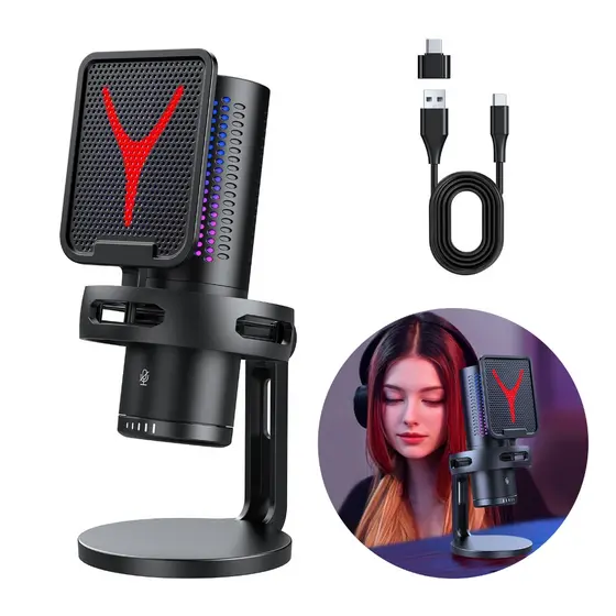 Microfone Condensador USB Cardioid Rgb Para Pc Gamer E Gravação GM7 A