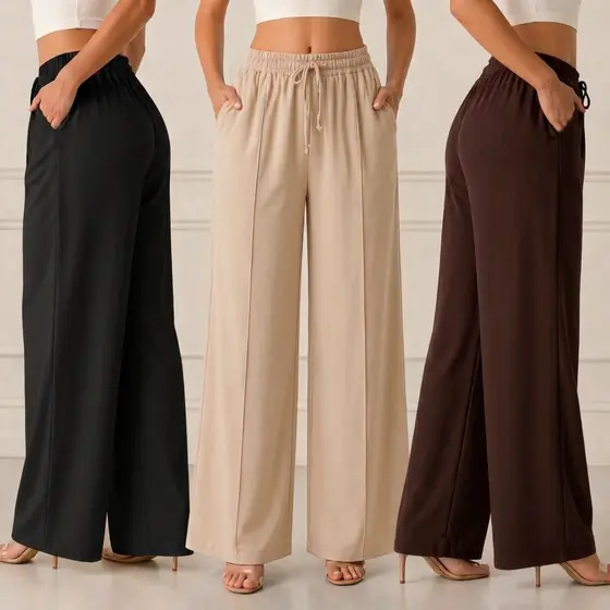 Calça Pantalona Feminina Wide Leg Dunas Cintura Alta Não Amassa Com Bolsos