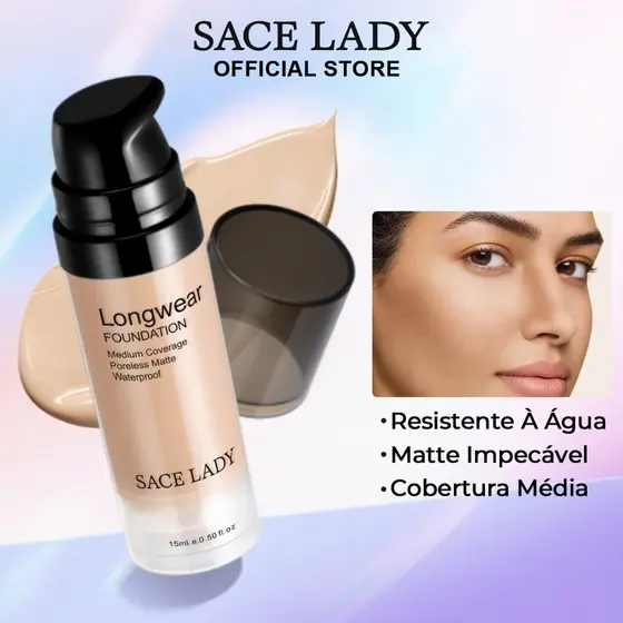 Base Líquida SACE LADY Matte Impermeável Cobertura Média Maquiagem