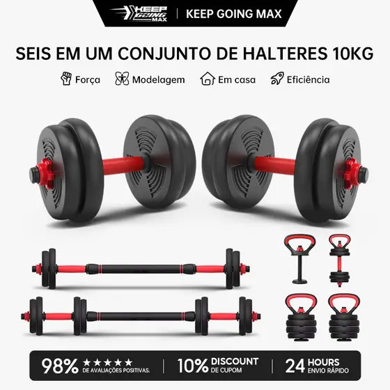 KEEP Brinde: munhequeira Kit Halteres Ajustável 6 em 1 Barra, Anilha e Kettlebell Musculação