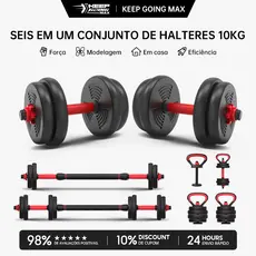 KEEP Brinde: munhequeira Kit Halteres Ajustável 6 em 1 Barra, Anilha e Kettlebell Musculação