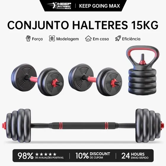KEEP 15kg Dumbbell Kit Kettlebell Bar 6 in 1 Weight Bodybuilding Home Workout