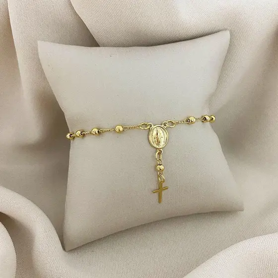 Pulseira Terço Nossa Senhora Semi Joia Delicada Banhada Ouro 18k