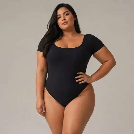 Body Feminino Plus Size GG ao G2 Manga Curta Decote Quadrado Forro Duplo Tendência Basico Blusa