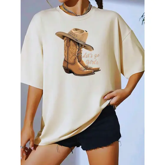 Camiseta Feminina Country Gola Redonda Reforço Ombro Algodão Estampa Rodeio Casual Moda