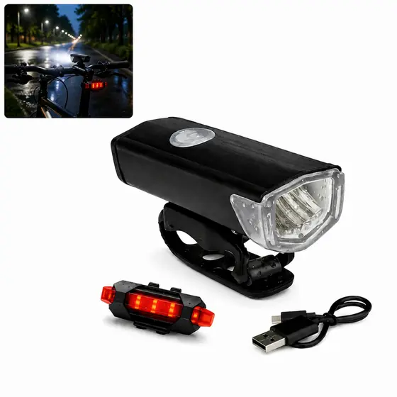 Kit Farol E Lanterna Traseira Bike Led Recarregável Usb 400 Lúmens Prova Dágua Segurança Bicicleta