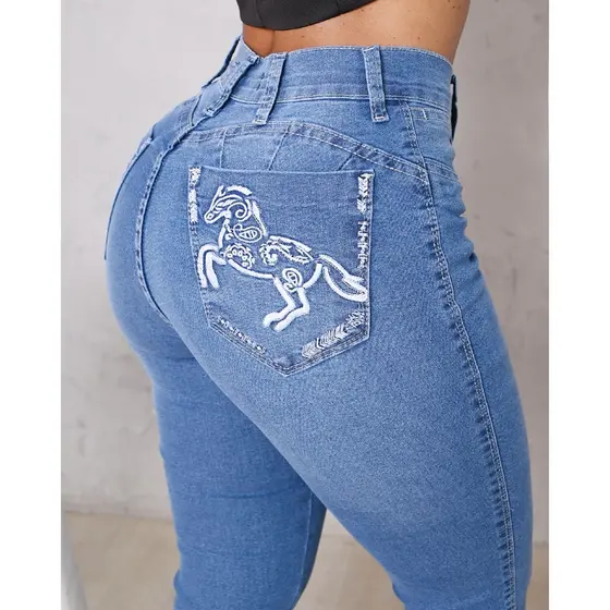 Calça Jeans Feminina Country Bordada Com Elastano Boot Coot Flare Cavalo