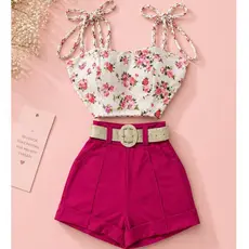 Conjunto Feminino Cropped + Short Cintura Alta com Cinto