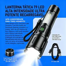 Lanterna Tática Super Brilhante USB Recarregável com Zoom e À Prova d'Água para Camping Sítio e Segurança