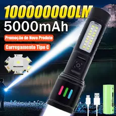 Lanterna Tática T9 P900 Super Potente, Zoom Ajustável, USB Recarregável, à Prova D'Água, para Camping, Sítio e Segurança