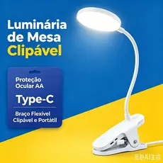 Luminária LED de Mesa com Clipe e Proteção Ocular / Luz de Leitura para Cabeceira