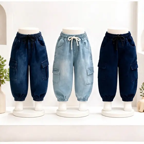 Calça Jeans Jogger Cargo Lisa Bebê e Infantil BB, 1, 2, 4, 6 Com Elástico Perna e Cintura com Cordão