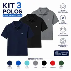 kit 3 Polo Infantil Lisa Bordada Menino Algodão Manga Curta 2 ao 8 Bolso Falso Estilo Social